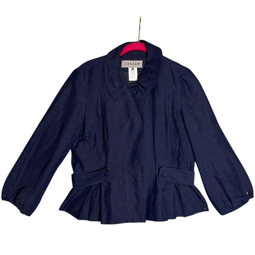 Jigsaw Silk Hemp Jacket Navy Y2K Made Europe Belted Peplum Designer Size 8
